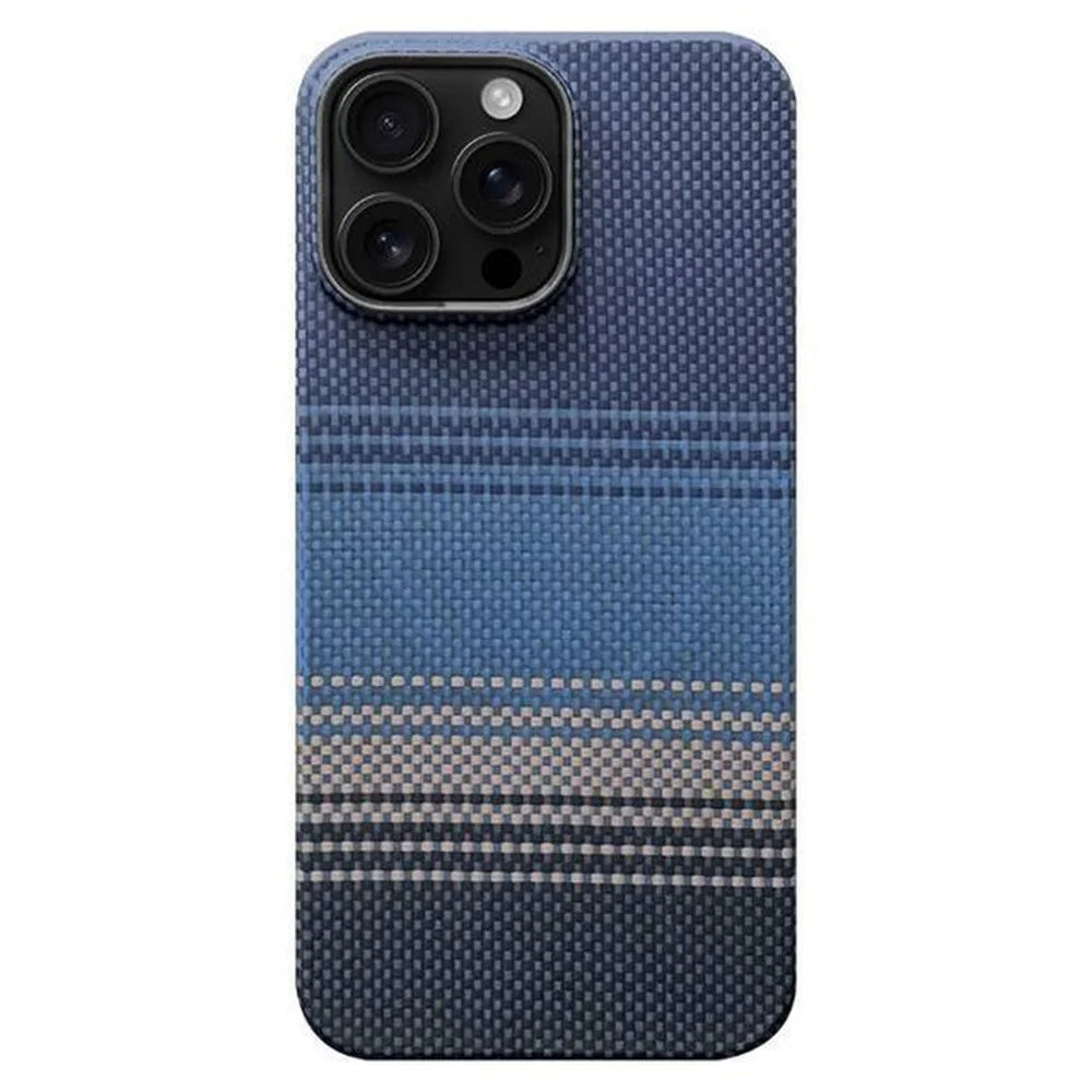 For iPhone 15 Pro Max Case Gradient Aramid Fiber Magnetic Phone Cover with Metal Lens Frame - Blue Floating Weave - 1
