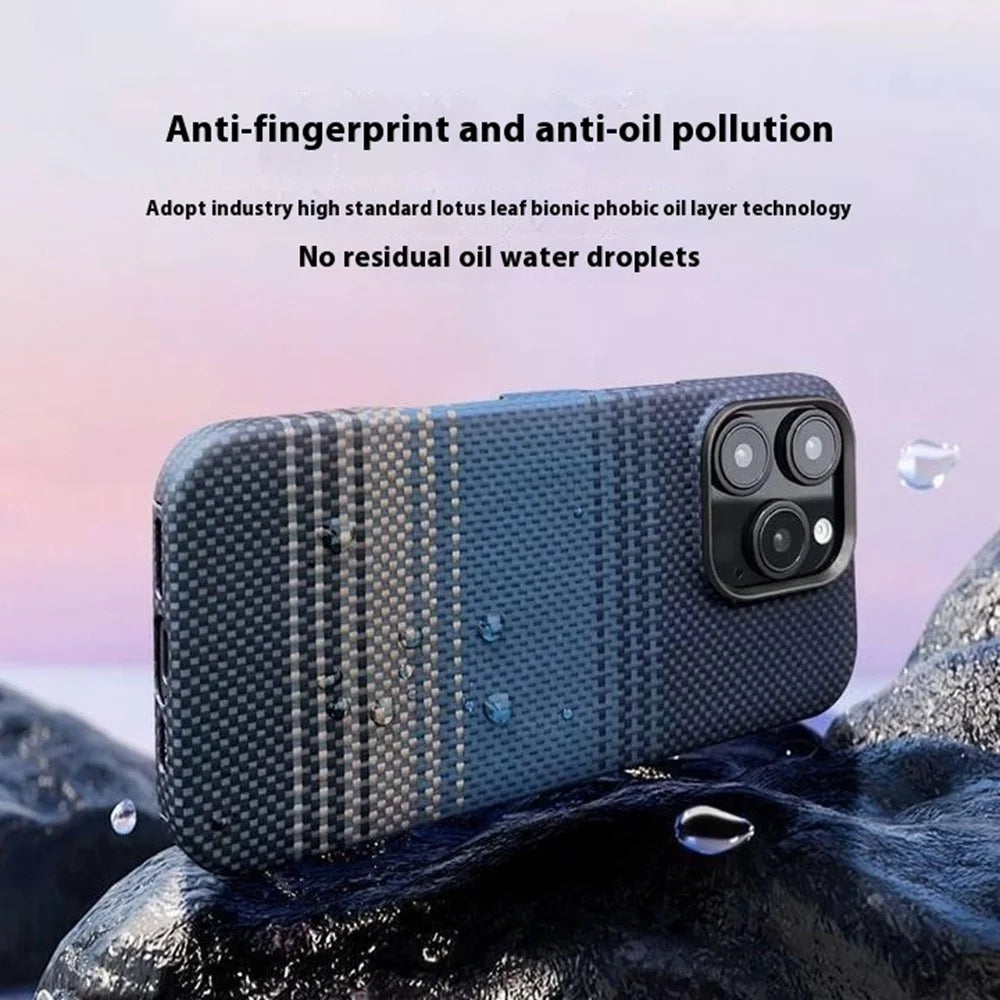 For iPhone 15 Pro Case Gradient Aramid Fiber Magnetic Phone Cover with Metal Lens Frame - Blue Floating Weave - 2