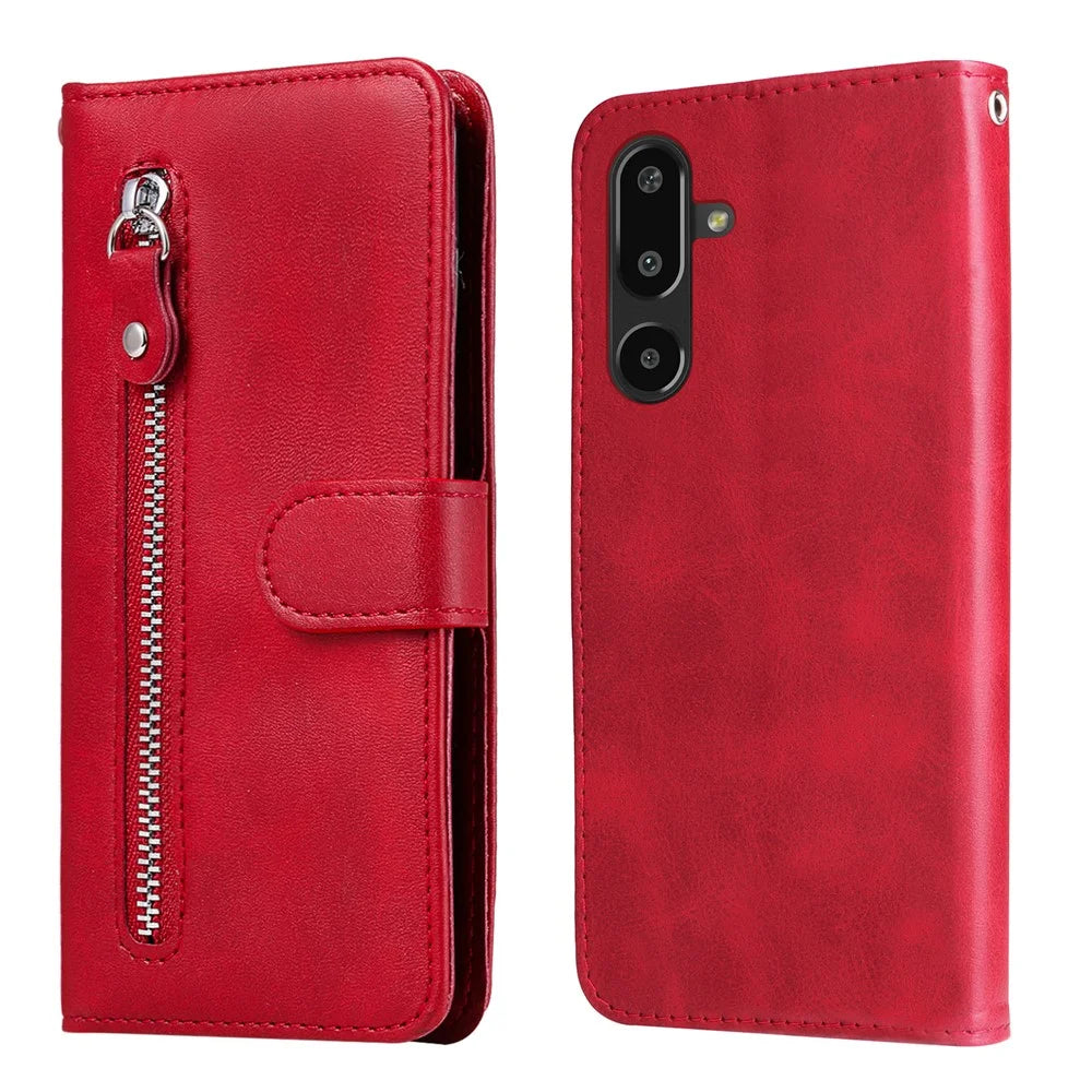 For Samsung Galaxy F16 5G / Galaxy M16 5G PU Leather Cases with Zipper Pocket Wallet Phone Cover Stand - Red - 1