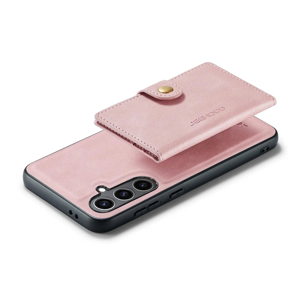 JEEHOOD For Samsung Galaxy S25 Case  J01 Retro Leather Phone Back Cover with Detachable Magnetic Card Holder - Pink - 4