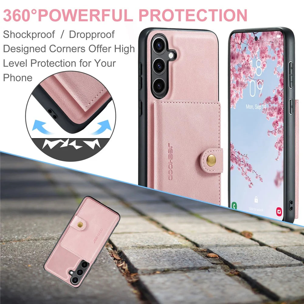 JEEHOOD For Samsung Galaxy S25 Case  J01 Retro Leather Phone Back Cover with Detachable Magnetic Card Holder - Pink - 7