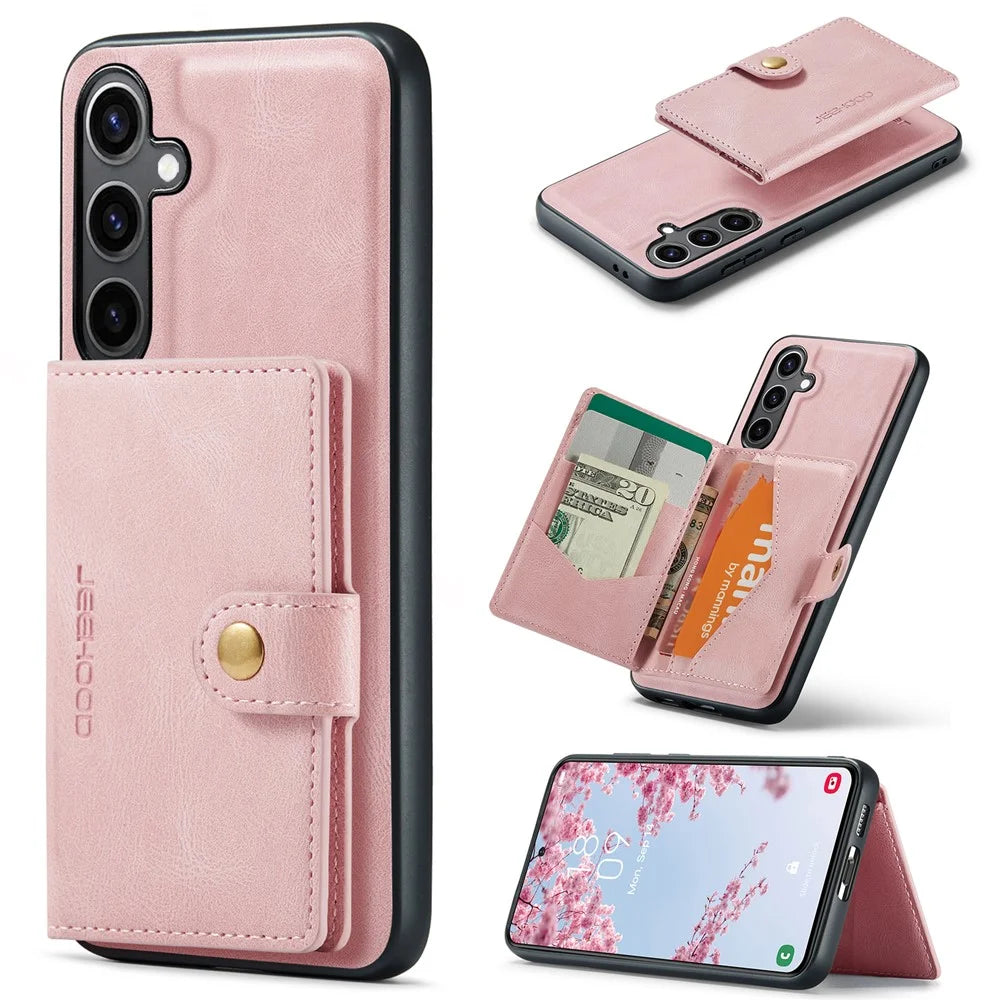 JEEHOOD For Samsung Galaxy S25+ Case  J01 Retro Leather Phone Back Cover with Detachable Magnetic Card Holder - Pink - 1