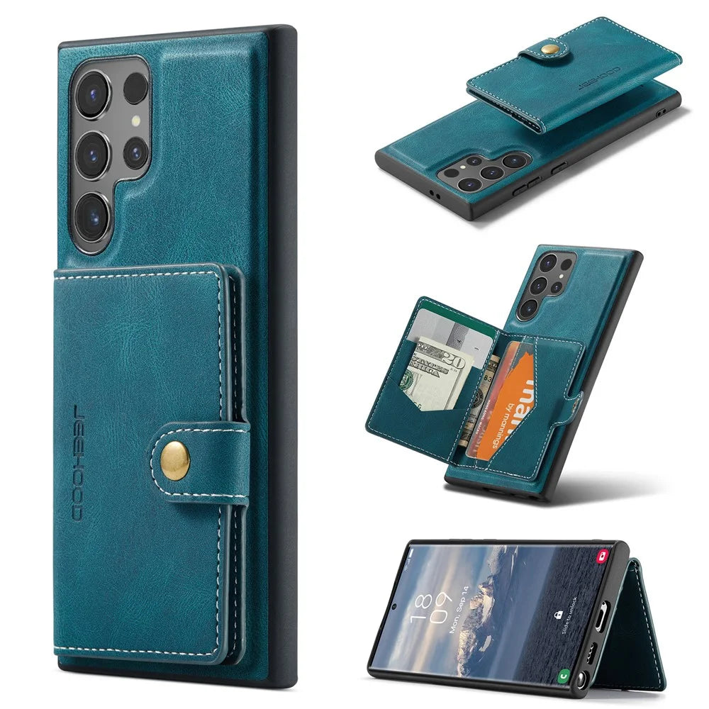 JEEHOOD For Samsung Galaxy S25 Ultra Case  J01 Retro Leather Phone Back Cover with Detachable Magnetic Card Holder - Blue - 1