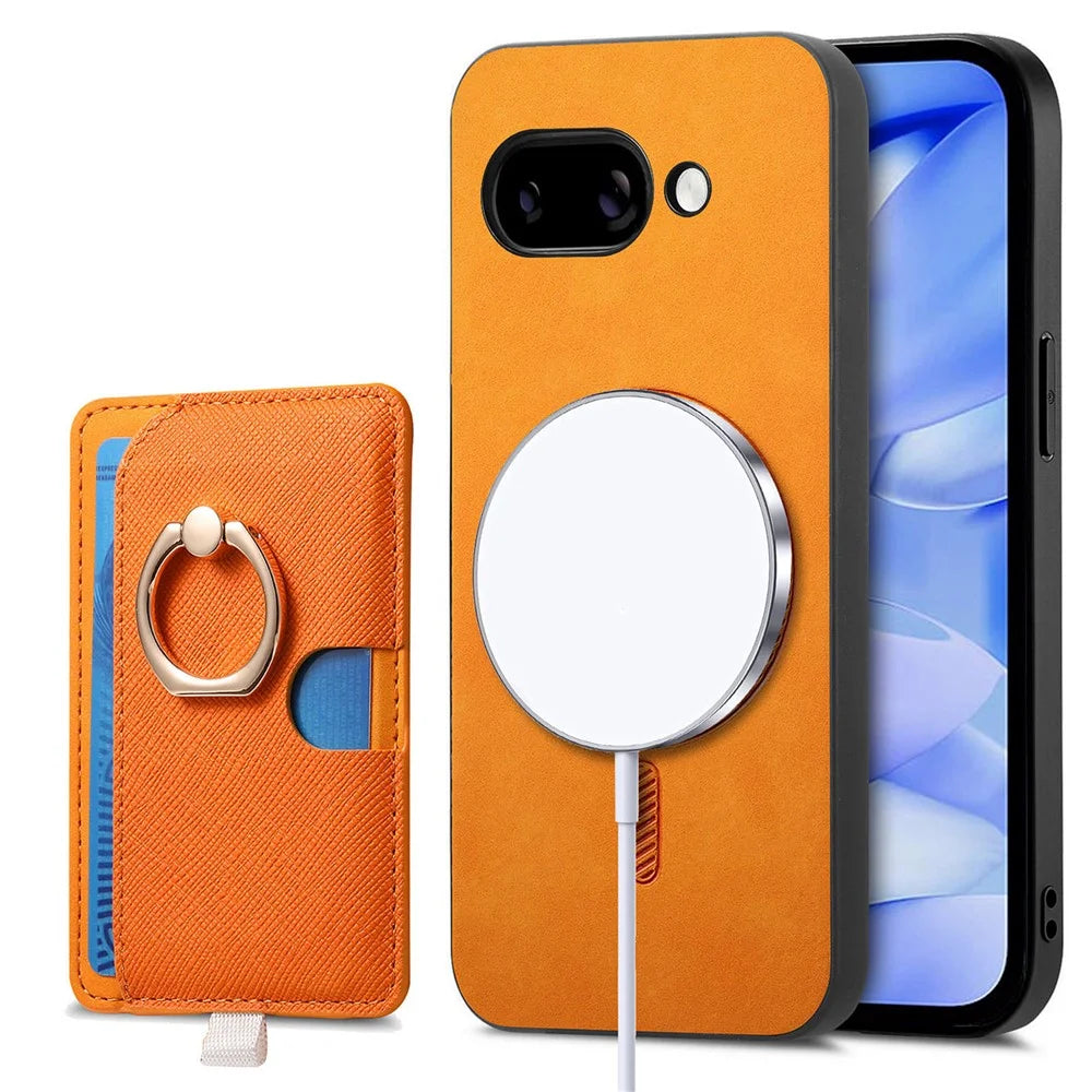 For Google Pixel 9a Case Ring Kickstand Leather + TPU + PC Phone Cover Detachable Card Holder - Orange - 2