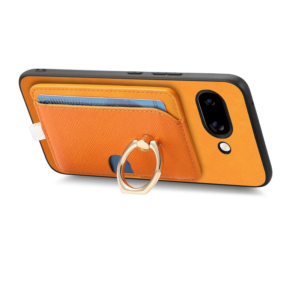 For Google Pixel 9a Case Ring Kickstand Leather + TPU + PC Phone Cover Detachable Card Holder - Orange - 3