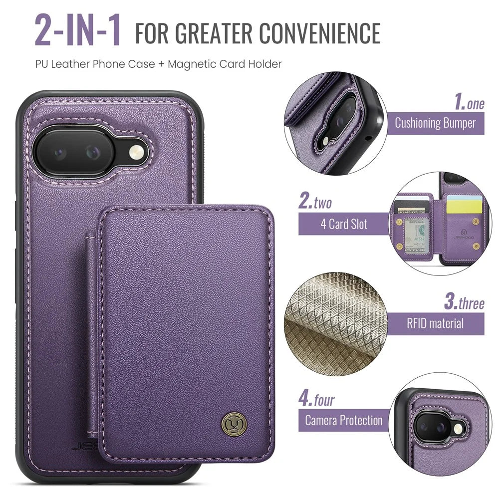 JEEHOOD For Google Pixel 9a Case  J05 Leather Mobile Cover with Detachable Magnetic Card Bag - Purple - 4