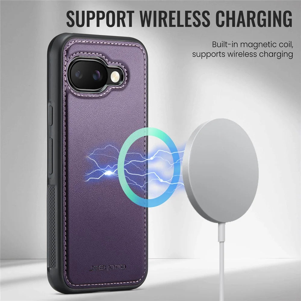 JEEHOOD For Google Pixel 9a Case  J05 Leather Mobile Cover with Detachable Magnetic Card Bag - Purple - 5