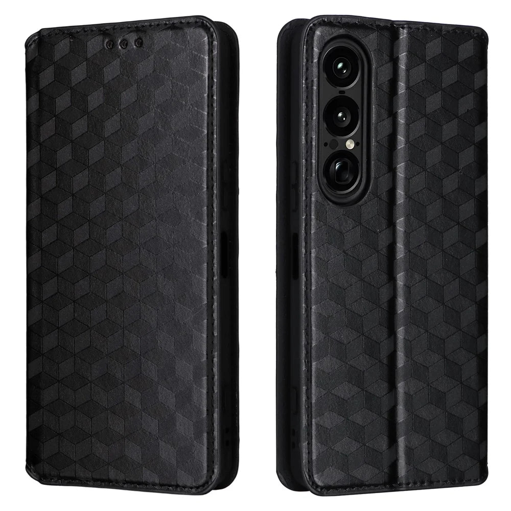 For Sony Xperia 1 VII Case Wallet Rhombus Imprinted Leather Phone Cover - Black - 1