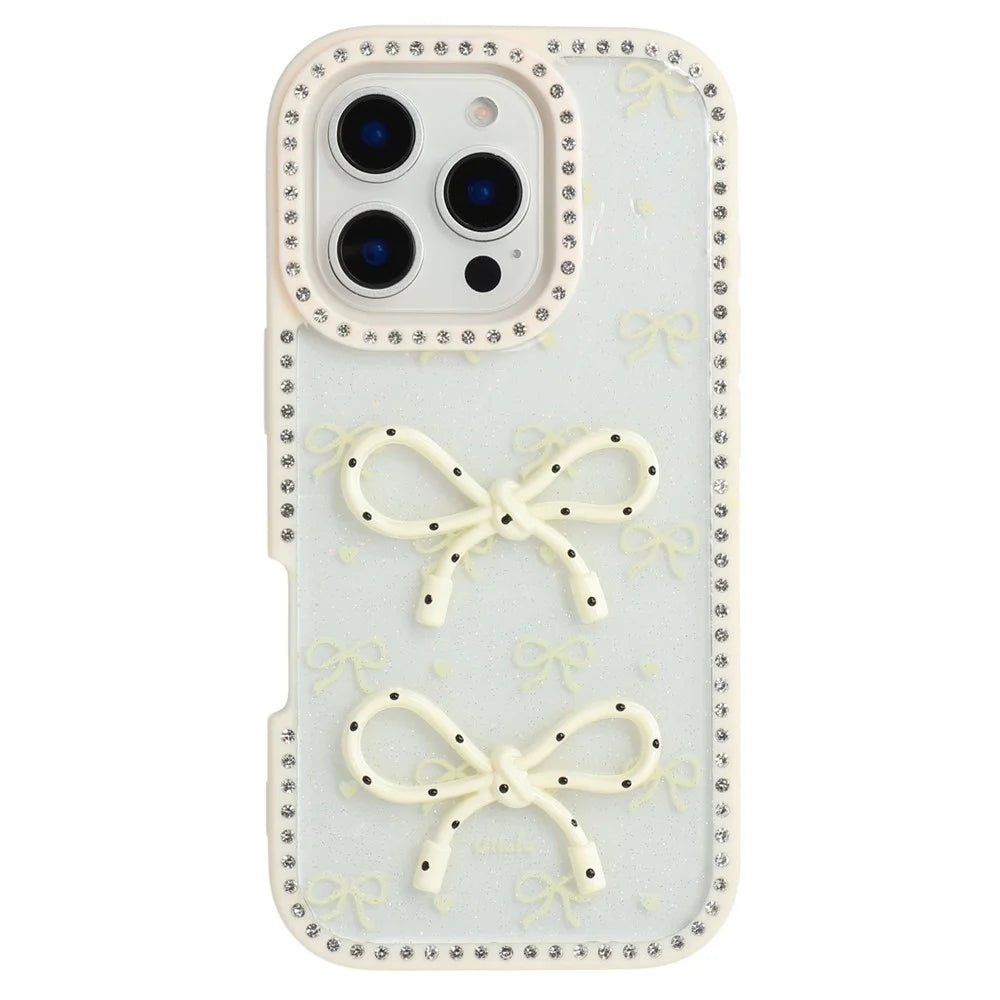 For iPhone 16 Pro Case Two Bow Epoxy Design TPU + PC Phone Back Cover Rhinestone Decor - Beige - 1