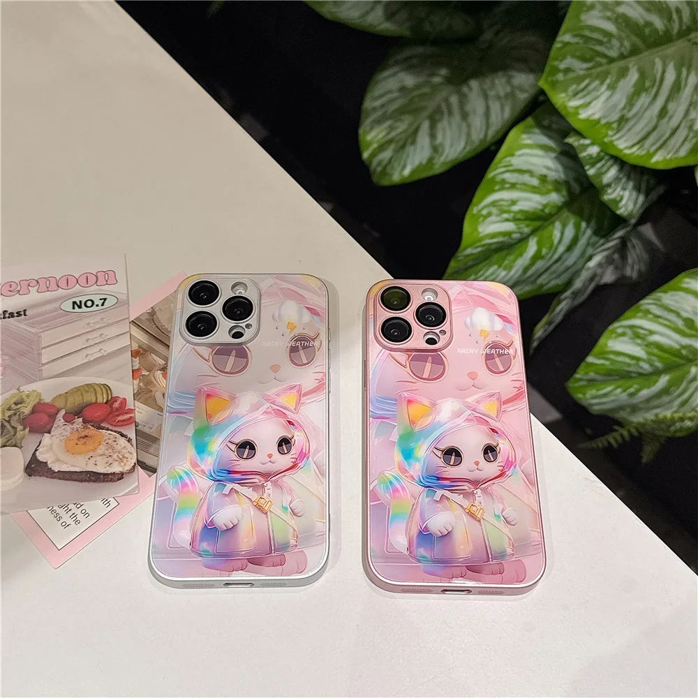 For iPhone 15 Pro Max Case Mirror Painted Kitten Design TPU + Acrylic Phone Cover - Pink - 4