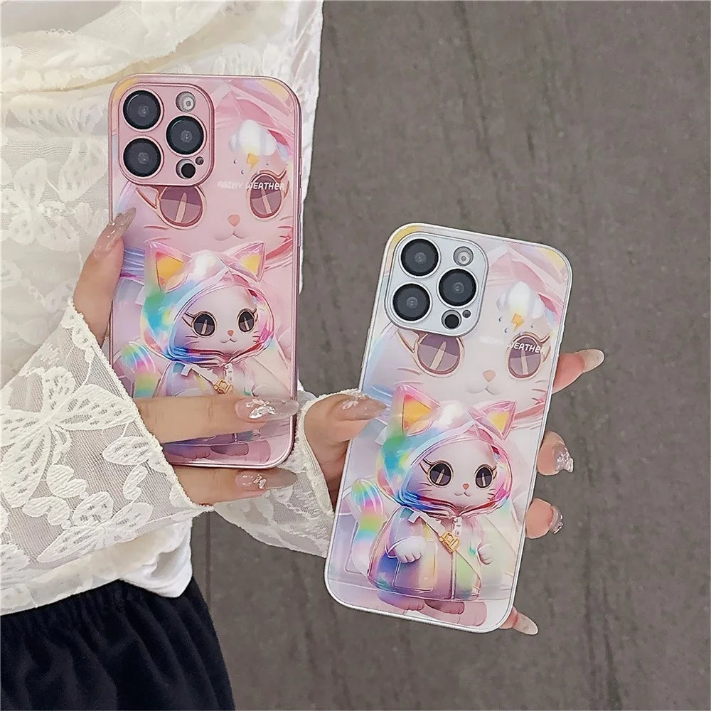 For iPhone 15 Pro Max Case Mirror Painted Kitten Design TPU + Acrylic Phone Cover - Pink - 5