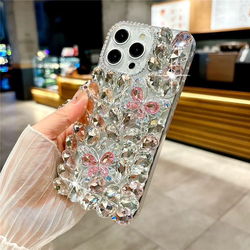 For iPhone 15 Pro Case Glass Rhinestone Two Butterfly Decor TPU Phone Back Cover - Pink - 4