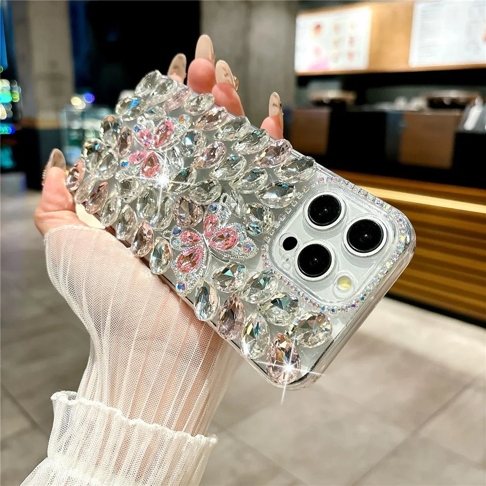 For iPhone 15 Pro Case Glass Rhinestone Two Butterfly Decor TPU Phone Back Cover - Pink - 5