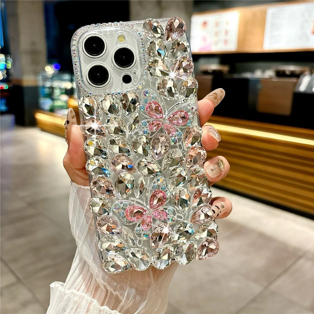 For iPhone 16 Pro Case Glass Rhinestone Two Butterfly Decor TPU Phone Back Cover - Pink - 2