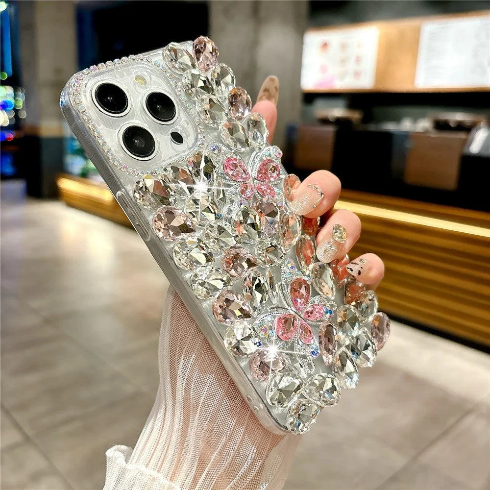 For iPhone 16 Pro Case Glass Rhinestone Two Butterfly Decor TPU Phone Back Cover - Pink - 3