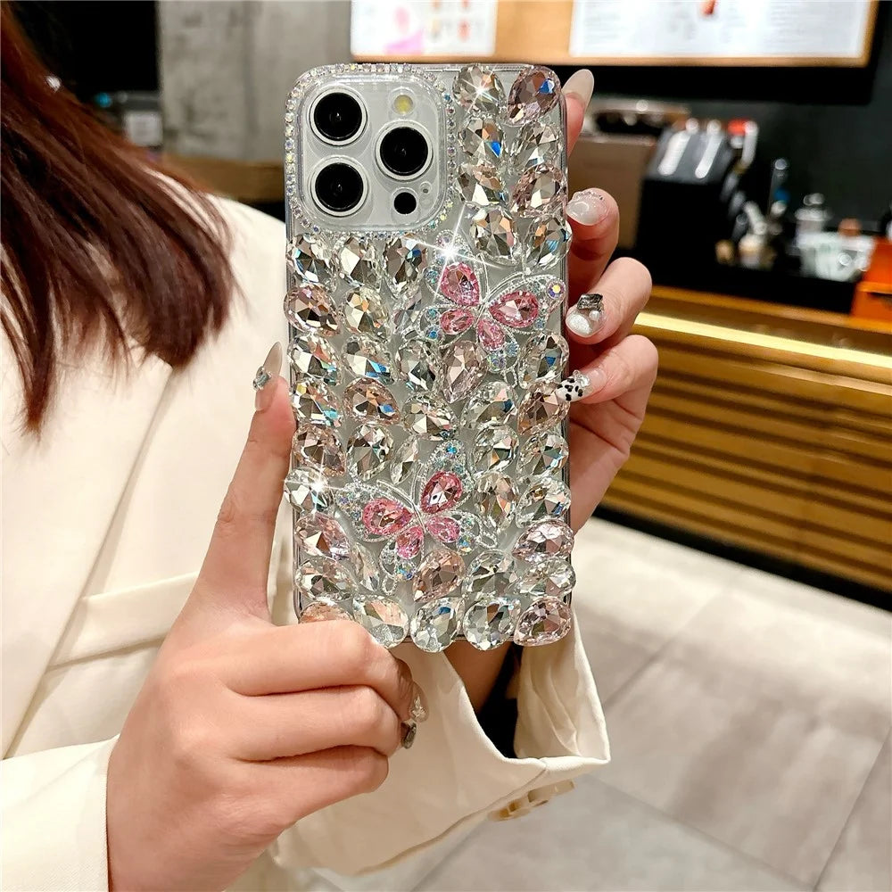 For iPhone 16 Pro Case Glass Rhinestone Two Butterfly Decor TPU Phone Back Cover - Pink - 6