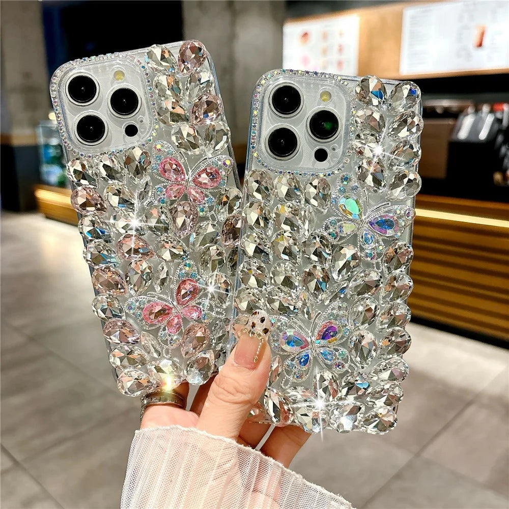 For iPhone 16 Pro Case Glass Rhinestone Two Butterfly Decor TPU Phone Back Cover - Pink - 7