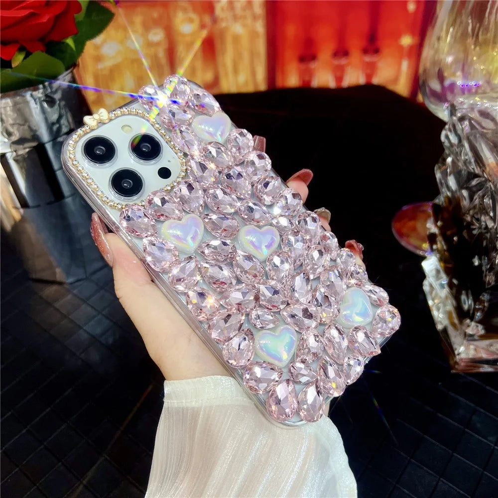 For iPhone 16 Pro Max Case Glass Rhinestone Heart Shape Decor TPU Phone Back Cover - 3