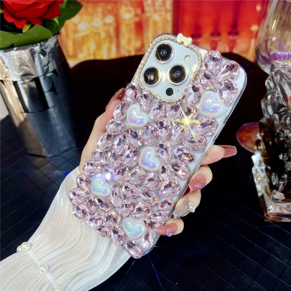 For iPhone 16 Pro Max Case Glass Rhinestone Heart Shape Decor TPU Phone Back Cover - 4