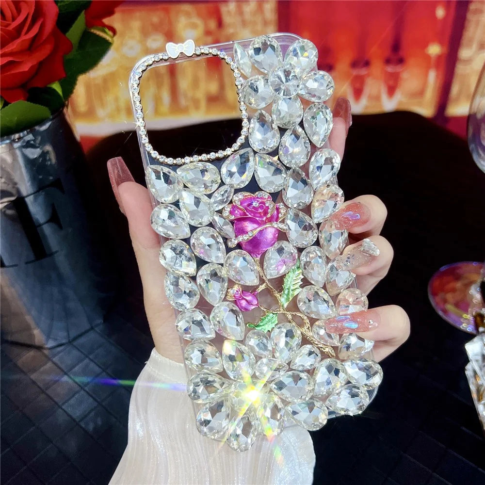 For iPhone 15 Pro Case Glass Rhinestone Rose Shape Decor TPU Phone Back Cover - 3