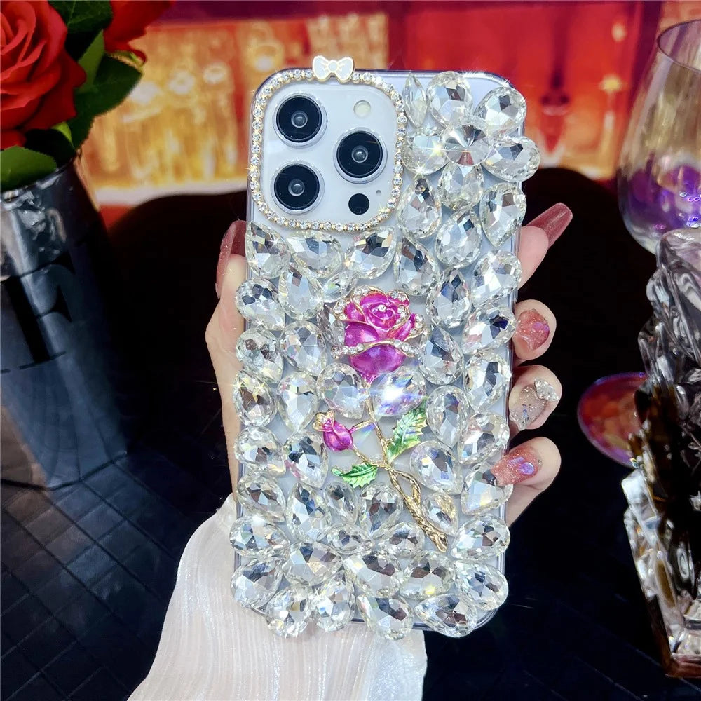 For iPhone 15 Pro Case Glass Rhinestone Rose Shape Decor TPU Phone Back Cover - 4