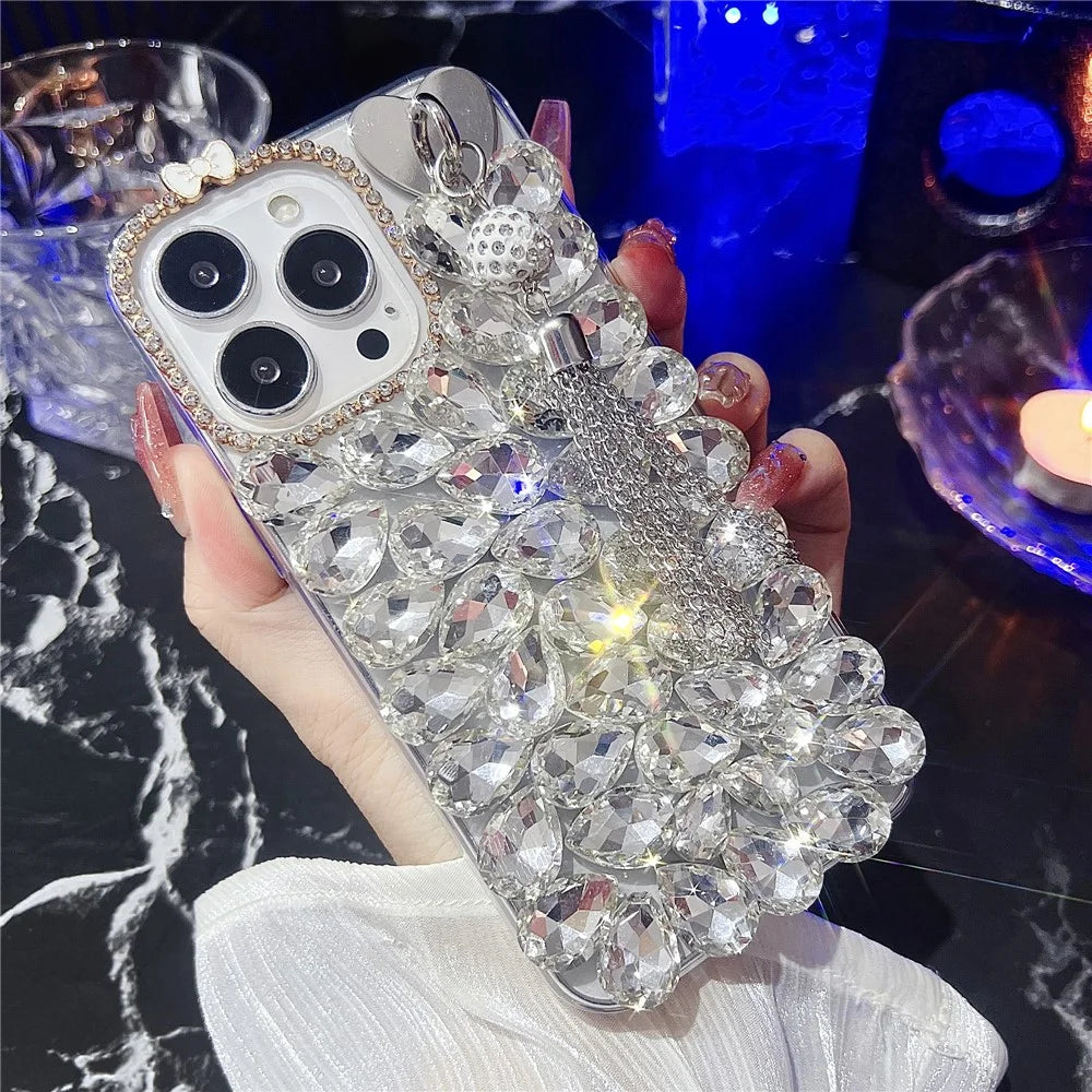 For iPhone 16 Pro Case with Tassel Glass Rhinestone Decor TPU Phone Back Cover - White - 1