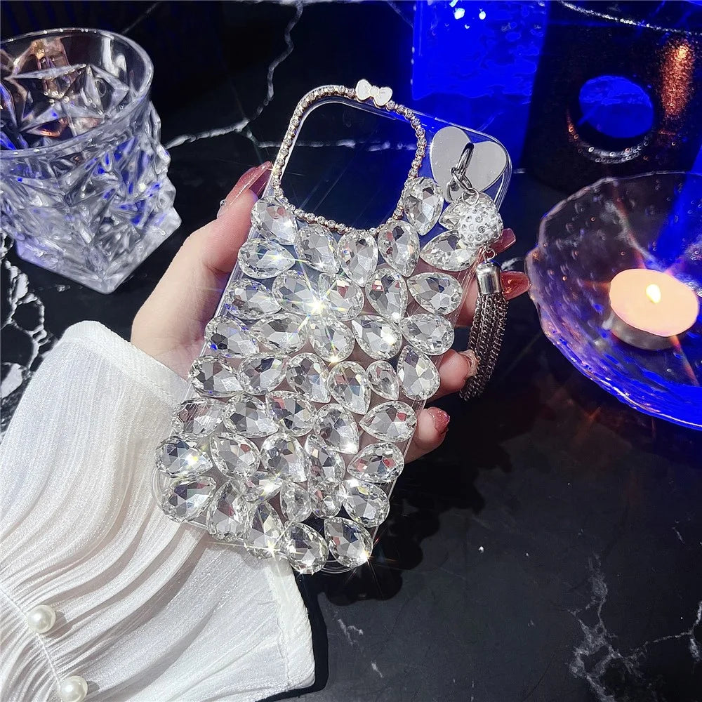 For iPhone 16 Pro Case with Tassel Glass Rhinestone Decor TPU Phone Back Cover - White - 3