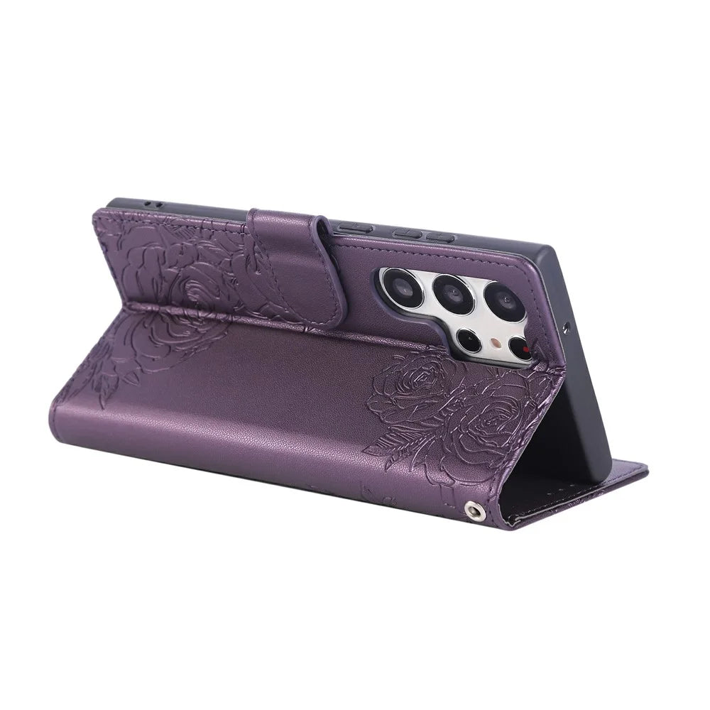 For Samsung Galaxy S23 Ultra Case Rose Flower PU Leather Wallet Phone Cover with 3 Card Slots - Dark Purple - 4