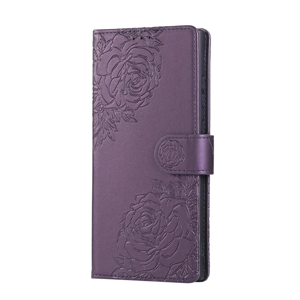 For Samsung Galaxy S23 Ultra Case Rose Flower PU Leather Wallet Phone Cover with 3 Card Slots - Dark Purple - 6