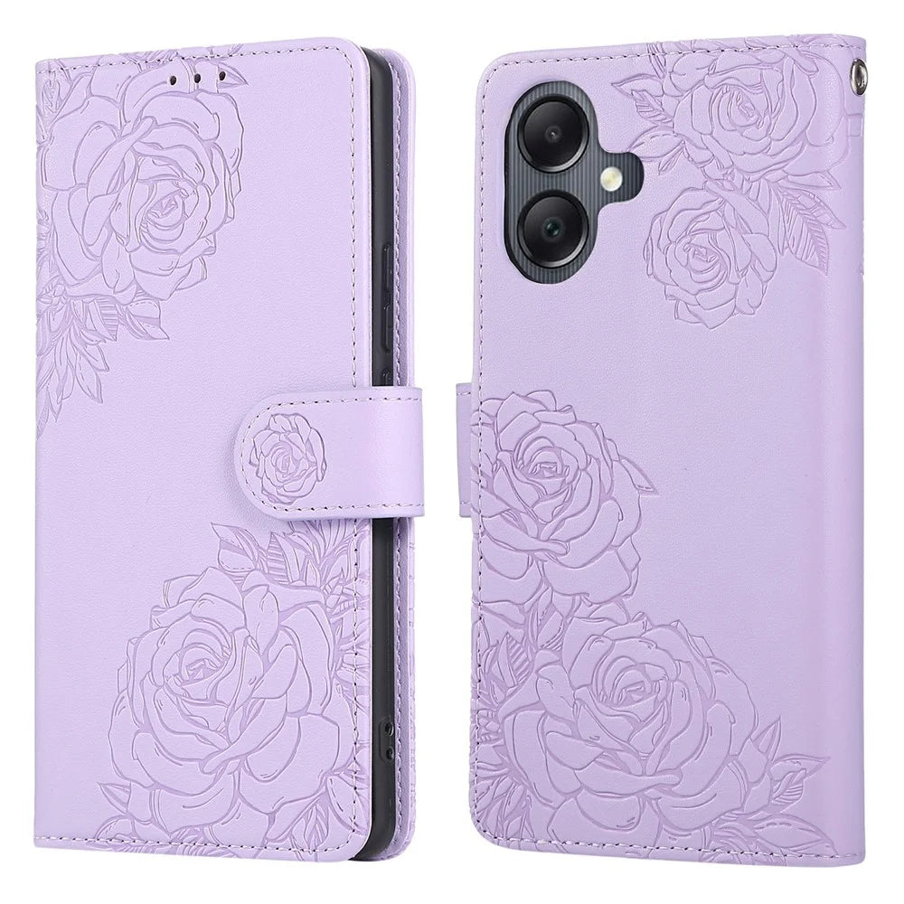 For Samsung Galaxy A06 4G Case Rose Flower PU Leather Wallet Phone Cover with 3 Card Slots - Light Purple - 1