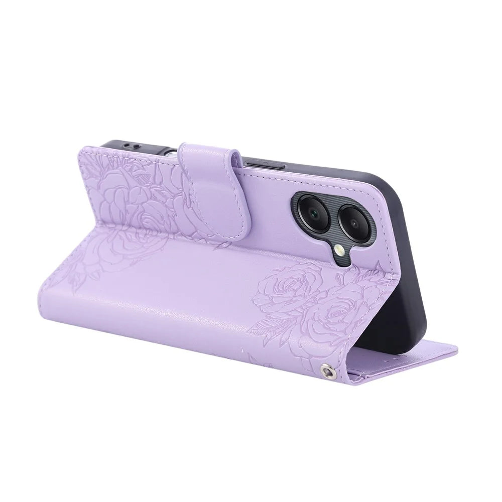 For Samsung Galaxy A06 4G Case Rose Flower PU Leather Wallet Phone Cover with 3 Card Slots - Light Purple - 4