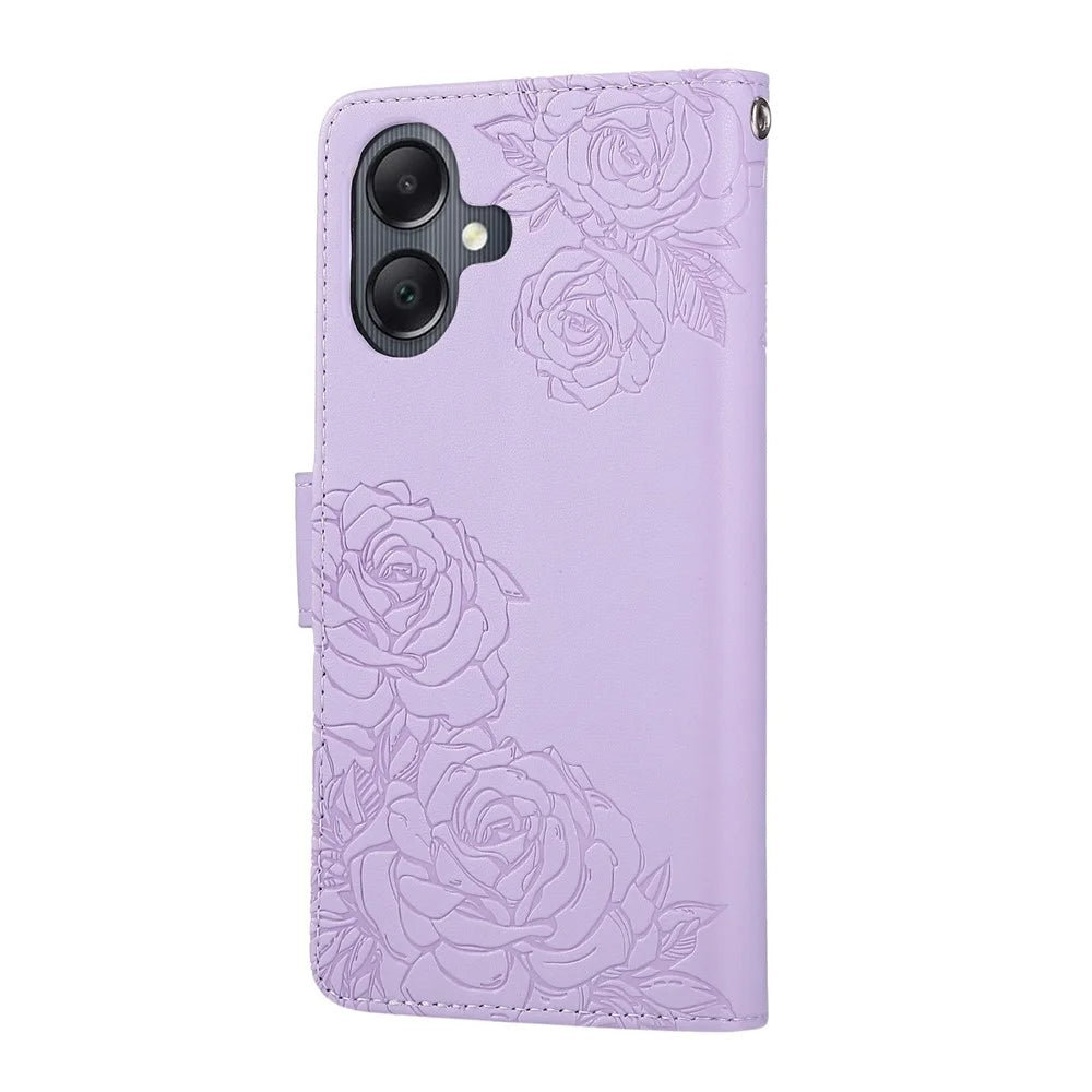 For Samsung Galaxy A06 4G Case Rose Flower PU Leather Wallet Phone Cover with 3 Card Slots - Light Purple - 7
