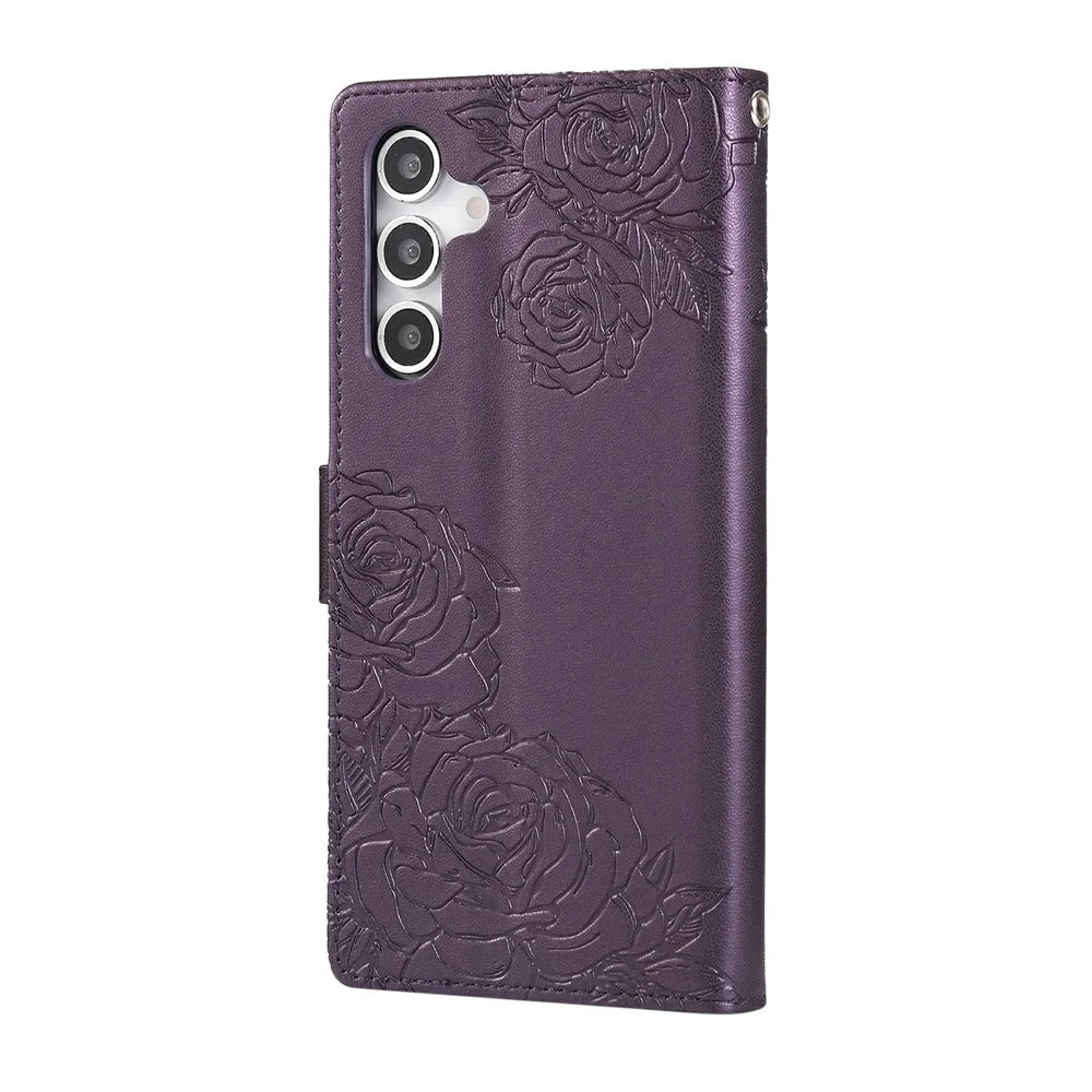 For Samsung Galaxy S25+ / S24+ Case Rose Flower PU Leather Wallet Phone Cover with 3 Card Slots - Dark Purple - 7