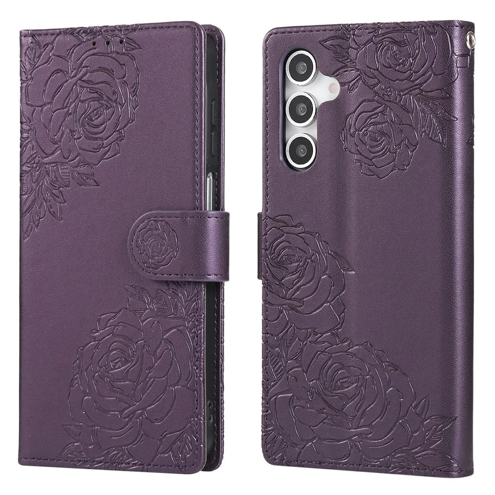 For Samsung Galaxy S25 / S24 Case Rose Flower PU Leather Wallet Phone Cover with 3 Card Slots - Dark Purple - 1