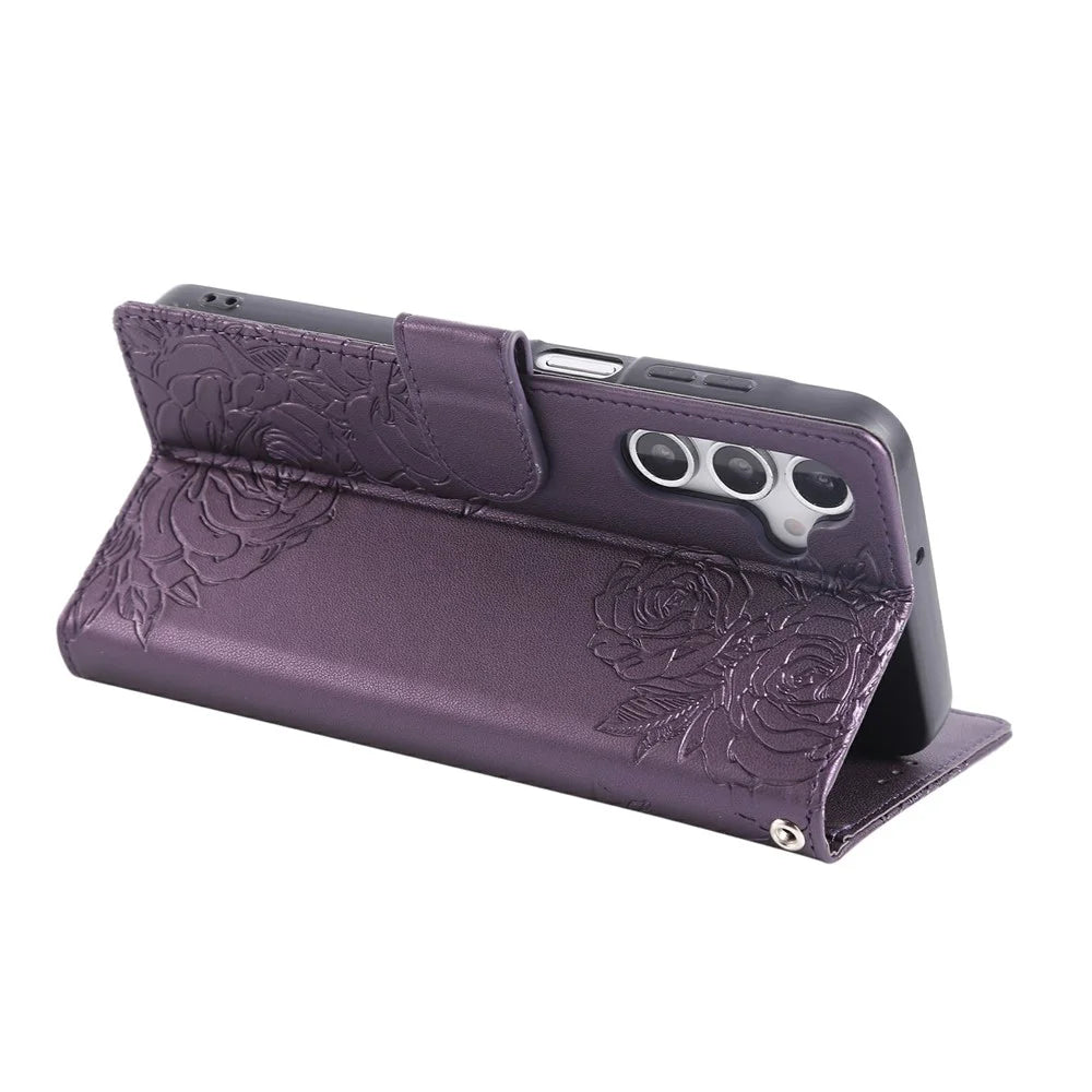 For Samsung Galaxy S25 / S24 Case Rose Flower PU Leather Wallet Phone Cover with 3 Card Slots - Dark Purple - 3
