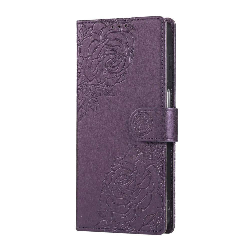 For Samsung Galaxy S25 / S24 Case Rose Flower PU Leather Wallet Phone Cover with 3 Card Slots - Dark Purple - 6