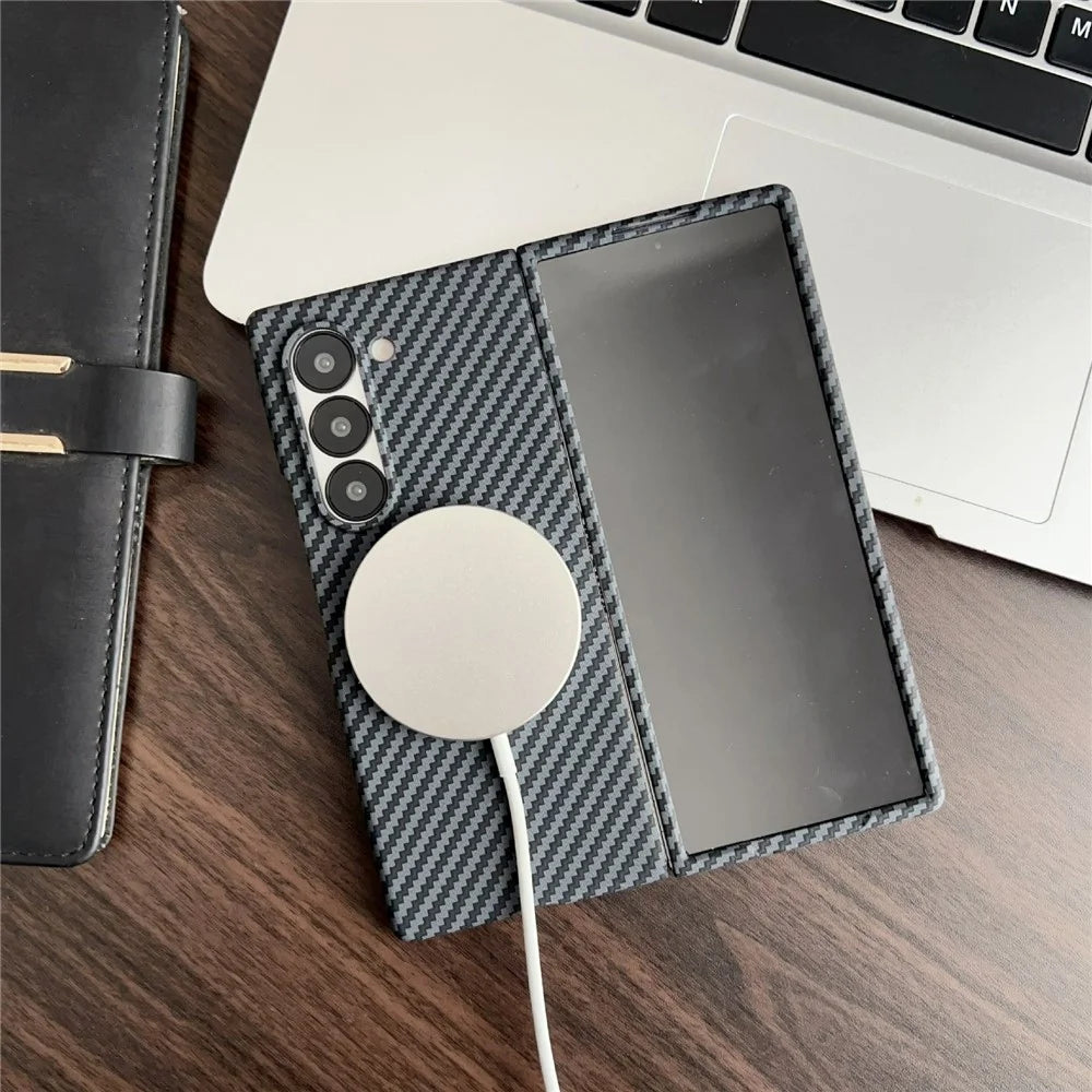For Samsung Galaxy Z Fold6 5G Magnetic Case Carbon Fiber Texture PC Phone Cover with Screen Protector - Black - 3