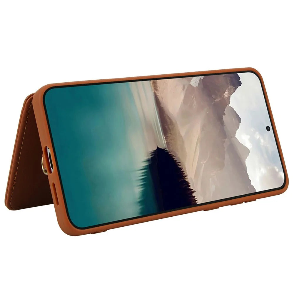 SY-001 For Samsung Galaxy S25 Edge Case Card Slots Leather Coated TPU Flower Phone Cover - Brown - 4