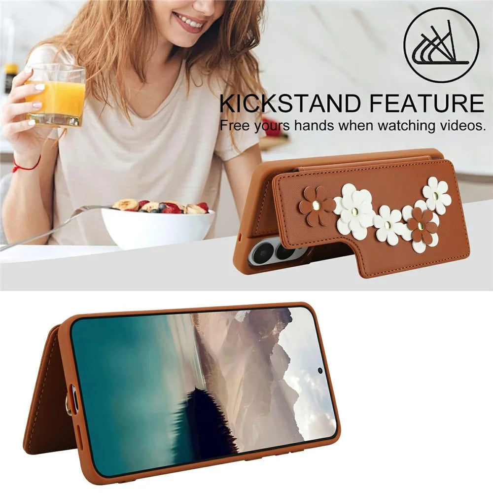 SY-001 For Samsung Galaxy S25 Edge Case Card Slots Leather Coated TPU Flower Phone Cover - Brown - 6