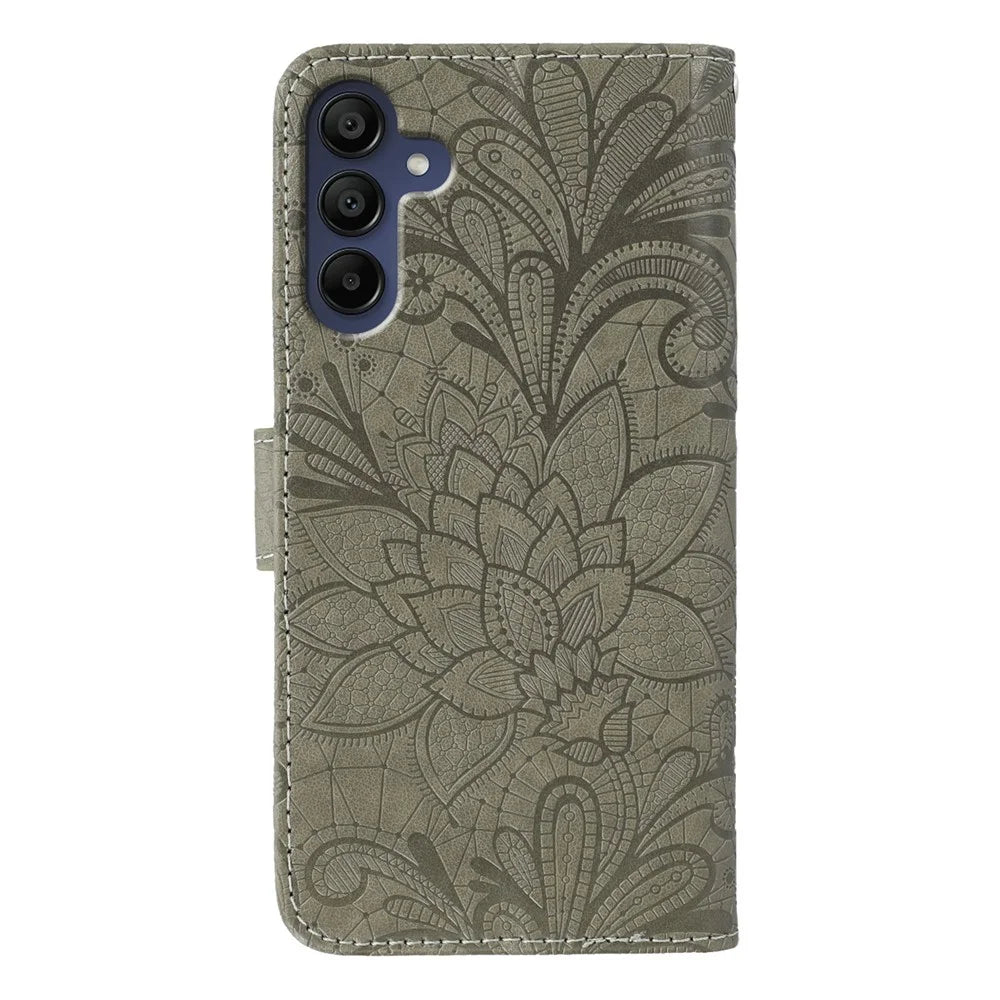 For Samsung Galaxy A56 5G / M56 5G Case Lace Flowers PU Leather Flip Wallet Phone Cover - Grey - 5