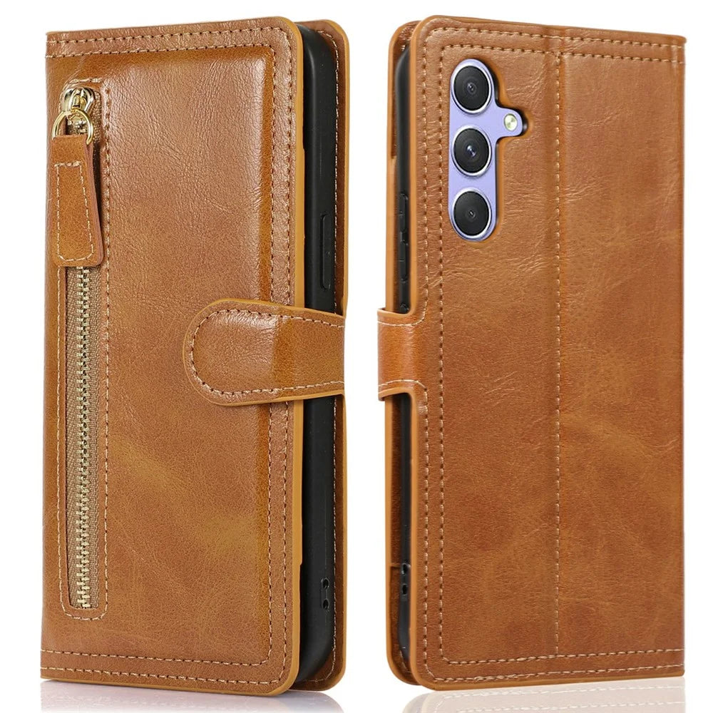 For Samsung Galaxy A26 5G Case Zipper Flip Leather Phone Cover with Card Holder - Orange - 1