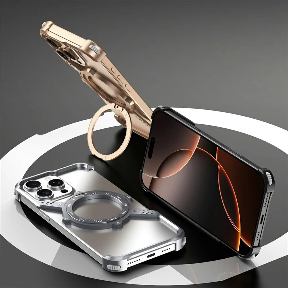 For iPhone 16 Pro Max Magnetic Case with Kickstand Four Corner Airbag Heat Dissipation Metal Phone Cover - Desert Gold - 2