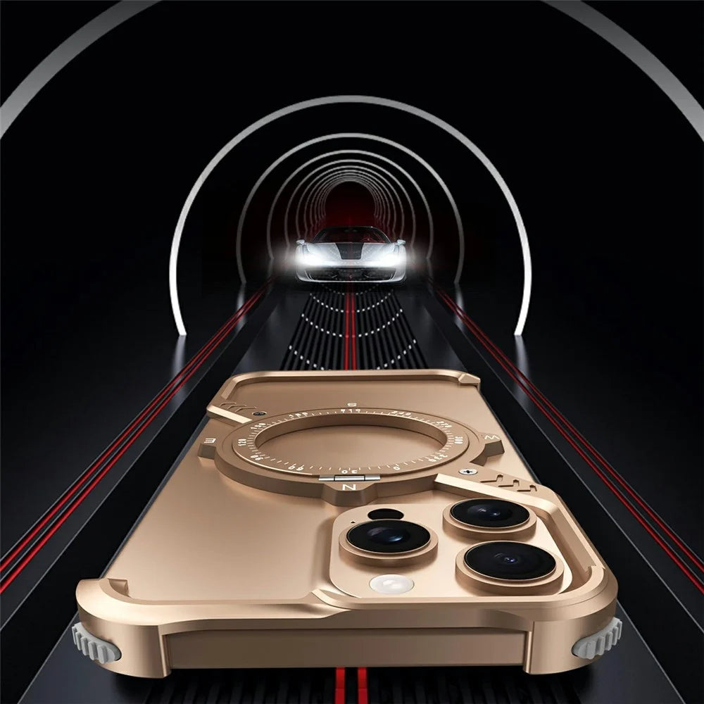 For iPhone 16 Pro Max Magnetic Case with Kickstand Four Corner Airbag Heat Dissipation Metal Phone Cover - Desert Gold - 5