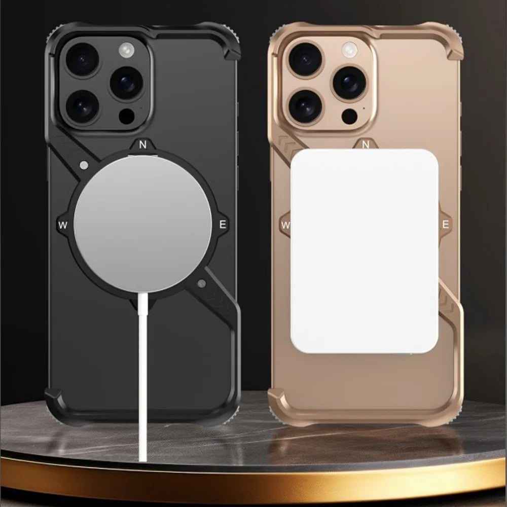 For iPhone 16 Pro Magnetic Case with Kickstand Four Corner Airbag Heat Dissipation Metal Phone Cover - Desert Gold - 3