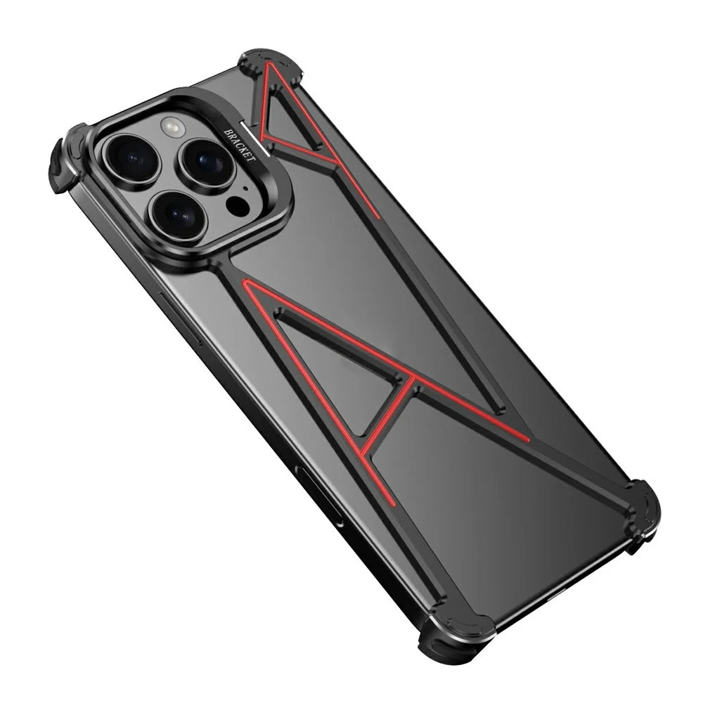 For iPhone 15 Pro Max Bumper Case Four Corner Airbag Kickstand Boardless A-Shape Metal Phone Cover - Black - 1