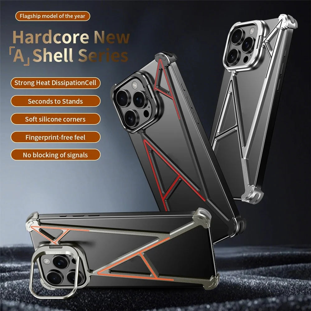 For iPhone 15 Pro Max Bumper Case Four Corner Airbag Kickstand Boardless A-Shape Metal Phone Cover - Black - 2