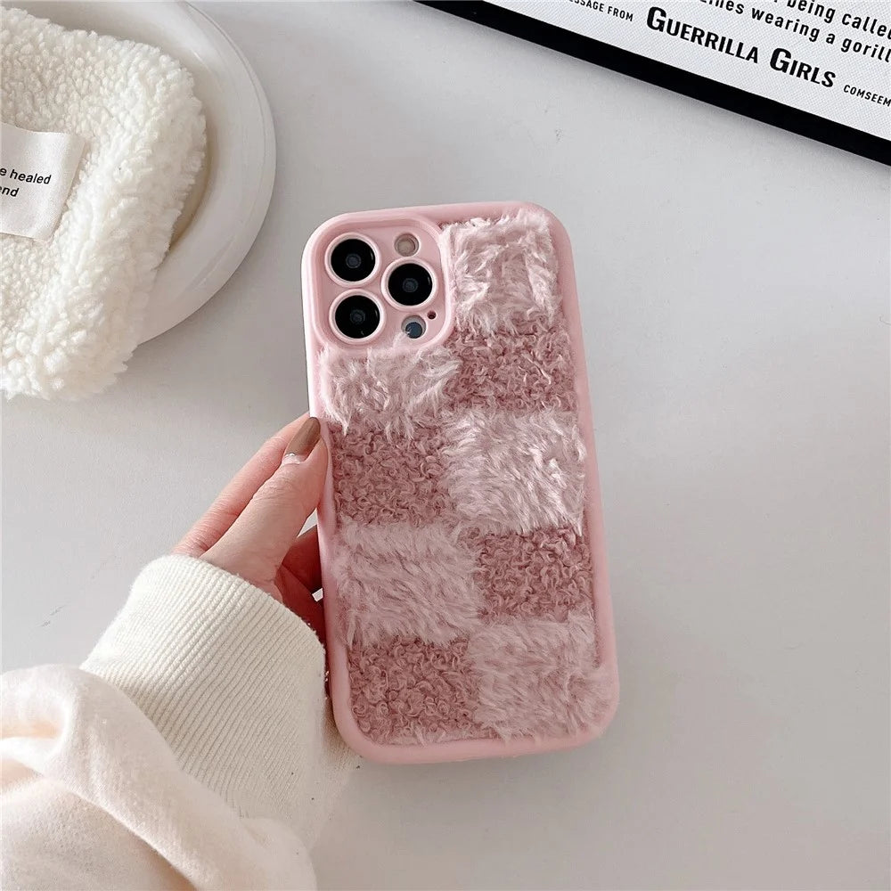 For iPhone 15 Pro Max Case Plush Patchwork Grid Shockproof TPU Phone Cover - Pink - 2