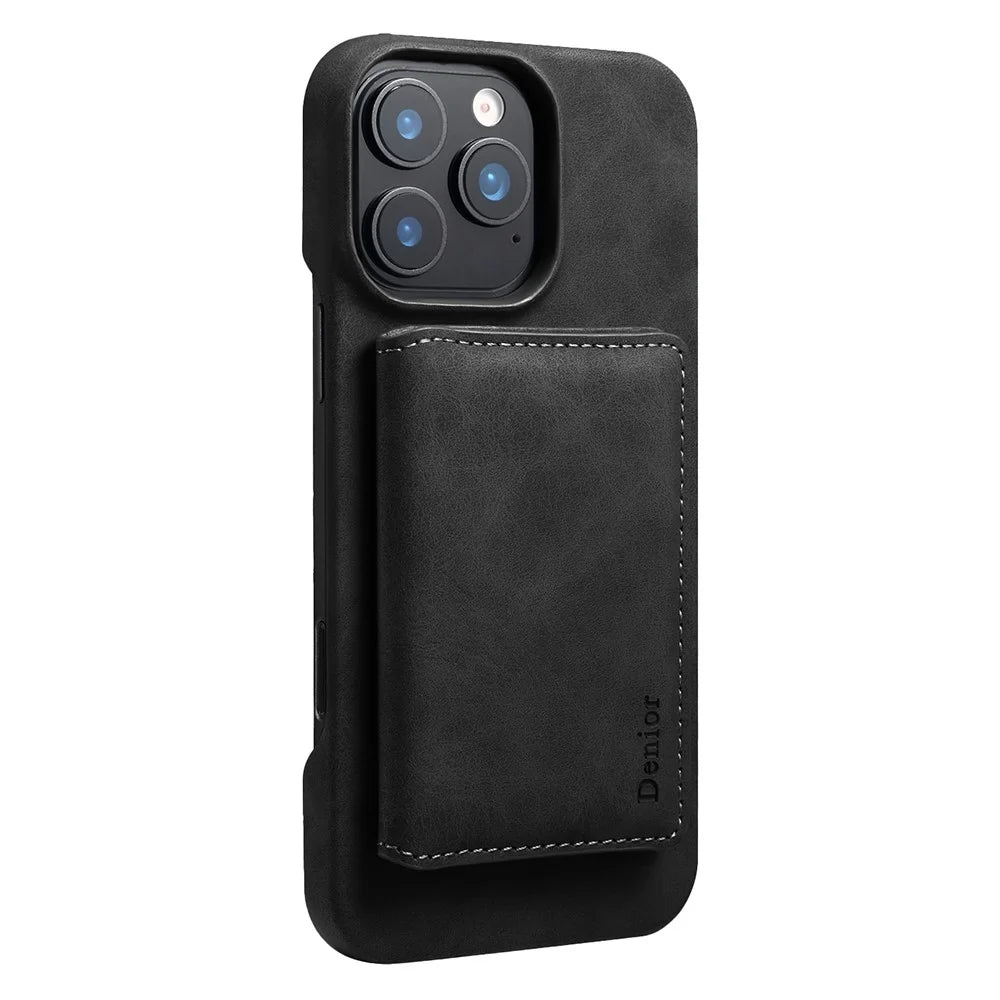 DENIOR D27 For iPhone 16 Pro Max Magnetic Case RFID Blocking Retro Leather Back Cover with Detachable Card Holder - Black - 1