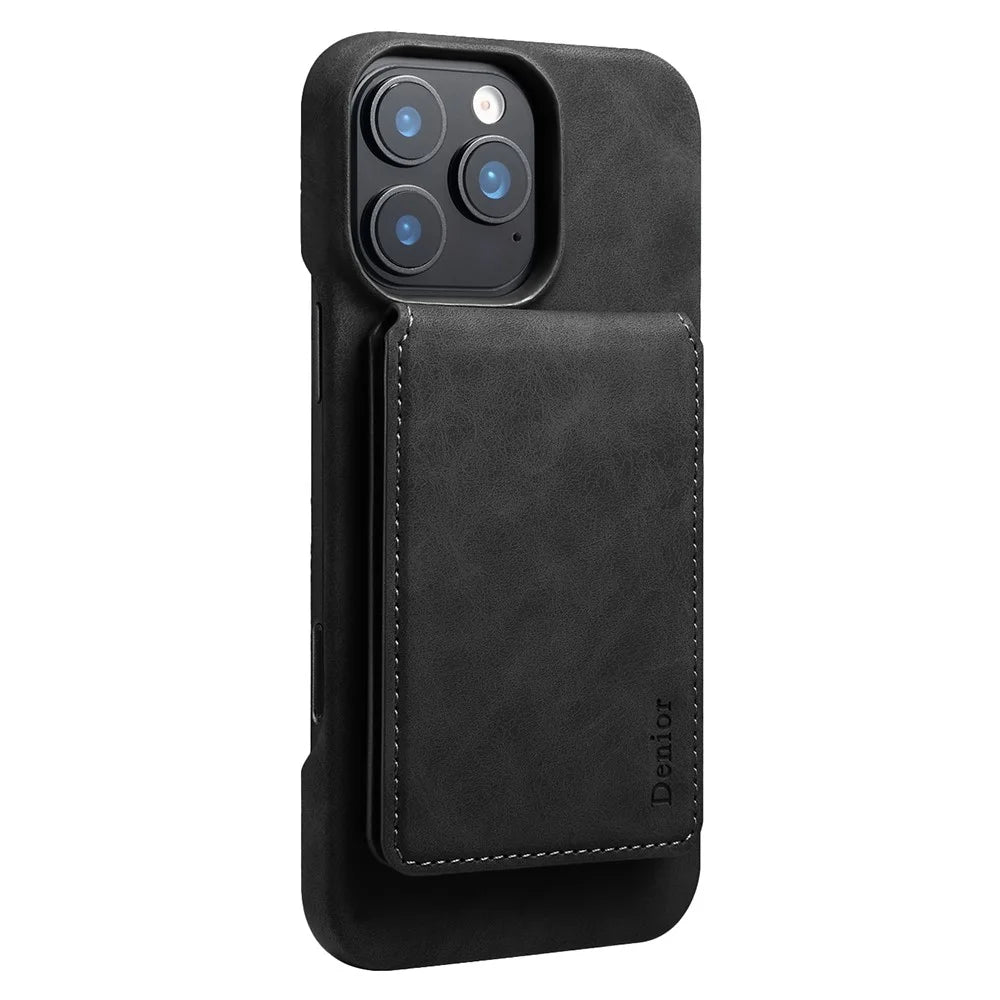 DENIOR D28 For iPhone 16 Pro Max Magnetic Case RFID Blocking Retro Leather Back Cover with Card Holder Kickstand - Black - 1