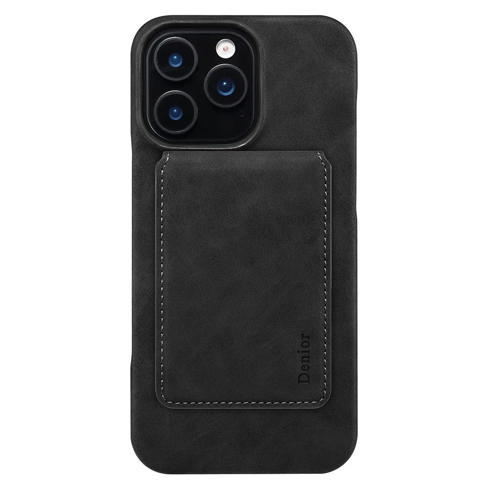 DENIOR D28 For iPhone 16 Pro Max Magnetic Case RFID Blocking Retro Leather Back Cover with Card Holder Kickstand - Black - 2